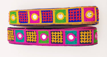 Indian Navy Blue Cotton Fabric Mirror Trim Embroidered in Pink, Yellow, Green and Cyan
